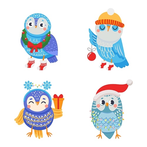 Winter owl. Funny birds with christmas attributes. Animals in xmas wreath, holiday socks holding tree ball, gift box