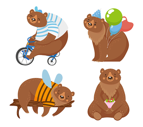 Cartoon bears, circus animal ride bicycle with air balloon. Vector illustration of wildlife, cyclist mascot grizzly