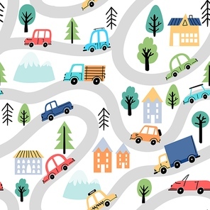 Cartoon roads and cars, city map kid seamless pattern. Wallpaper with street, trees, houses and trucks. Travel doodle for rug vector texture. Town with paths and driving vehicles and planys