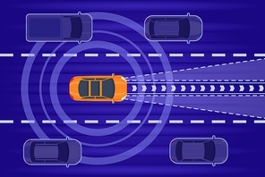 Smart autonomous car drive in traffic top view. Future car with radar technology system scan city road. Auto electric transport vector scene. Illustration of autonomous drive technology