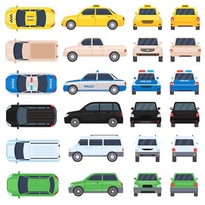 Flat cars, police and taxi top, side, back and front view. Cartoon auto transport, pickup, suv and minivan views. Vehicle behind vector set of taxi and police automobile view illustration