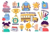 School stickers. Abstract bundle of stationery supply, cartoon daily routine planner sticker pack, colored education book reminder badges. Vector set. Boy and girl pupils with accessories for learning