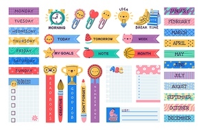 School journal stickers. Cartoon planner label memo tags, cute diary schedule organizer badge bundle, notebook page sticky borders. Vector isolated set. To do list, elements for timetable