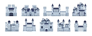 Medieval castles. Cartoon fairytale fortress of old kingdom with stone walls, gate and turret. Vector ancient gothic palace set. Royal ancient towers for royal family. Old architecture