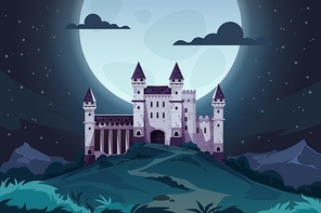 Evening cartoon castle. Medieval fairytale fortress at night, magic landscape with royal palace. Vector kingdom capital scene. Gothic architecture, historical building exterior with gate