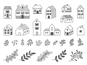 Doodle garden house. Hand drawn rural wooden building with floristic decorative elements, flowers leaves grass. Vector country cabin isolated set. Illustration of house drawing doodle