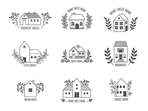 Doodle house logo. Cute hand drawn rural farm and country cottage with floristic elements, real estate line emblem. Vector scandinavian houses set of rural farm agriculture logo illustration