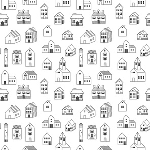 Doodle houses pattern. Seamless print of cute scandinavian minimalistic cottage, rural farm building. Vector hand drawn texture. Illustration of cute doodle pattern houses