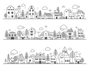 Doodle town street. Cute rural buildings with trees, hand drawn country neighborhood sketch with little houses. Vector childish scene. Illustration of building street town, cartoon home and tree