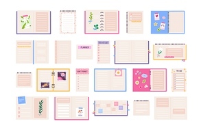 Cute planner, diary, journal, paper notebook and to do list. Decorated notepads with stickers, photos and flowers. Cartoon notes vector set. Pages for schedule, daily organizer, do not forget