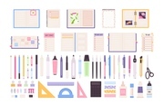 Office or school stationery items, pens, notebooks and planners. Pencil, markers, crayons and ruler. Decorative work desk objects vector set. Glue, eraser and paintbrushes for education
