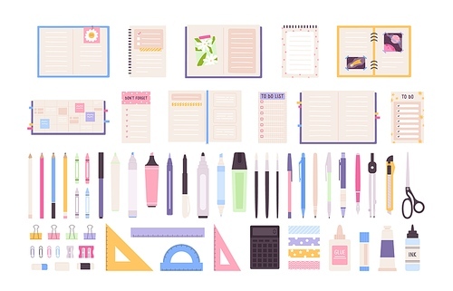 Office or school stationery items, pens, notebooks and planners. Pencil, markers, crayons and ruler. Decorative work desk objects vector set. Glue, eraser and paintbrushes for education