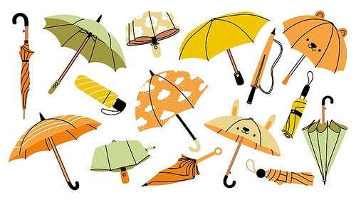 Autumn umbrella. Cartoon raincoats parasols and rain boots for rainy cold weather, colorful folded and opened seasonal wearing. Vector isolated design set. Umbrella autumn season illustration