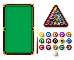 Billiard table with pockets, balls, triangle rack and cue. Realistic snooker sport equipment, green pool table top view and ball vector set. Game for entertainment and recreation or professional sport