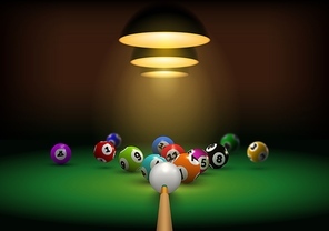 Billiard background with realistic cue hit gaming balls. Billiard room with green table and lights. Snooker or pool sport play vector banner. Professional tournament in hall indoor