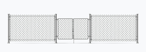 Realistic steel wire fence with gates and metal columns. Barrier chain link mesh with door. 3d prison or military wire border vector element. Defensive border for secured property territory