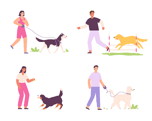 Men and women and domestic dogs activity. People walking with pets. Male and female characters training puppies, spending leisure time together. Owners caring about animals vector set
