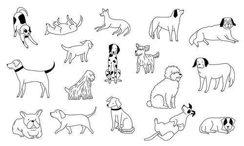 Cute doodle dog. Line black and white funny puppies, hand drawn pencil illustration, cartoon smiley pets walking sitting and playing. Vector set of funny cartoon doodle puppy illustration