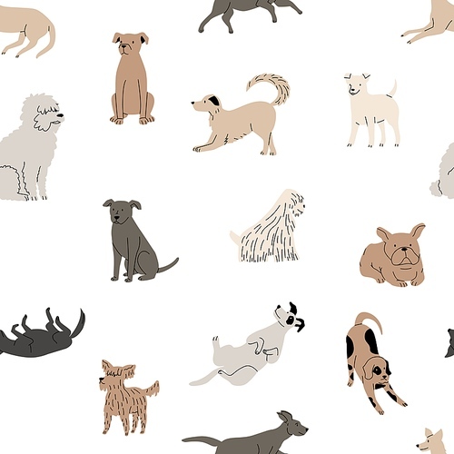 Doodle dog pattern. Seamless print of funny childish puppies for cut dogs brochure, cartoon hand drawn Scandinavian graphic with animal pets. Vector texture of animal pattern illustration