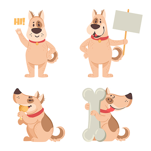 Cartoon cut dog mascot. Funny domestic characters holding blank placard or banner for protest, waving and telling hi. Puppy eating chicken meat and hugging big bone isolated vector set