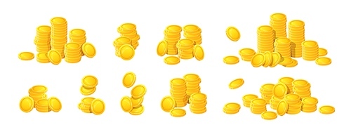Golden coins stacks. Cartoon interface elements for online web casino and mobile application, reward game art. Vector isolated set. Gambling or banking concept. Financial earnings or income