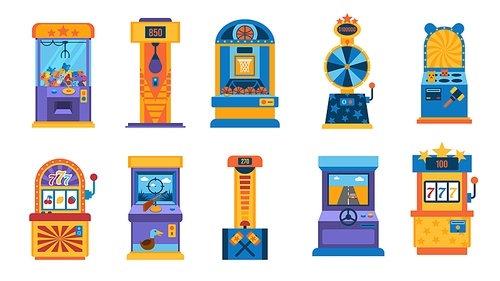 Retro game machine. Gaming computer, mini basketball, crane machine and retro gambling amusement device. Vector 90s retro machinery set. Illustration of machine game joystick, computer console