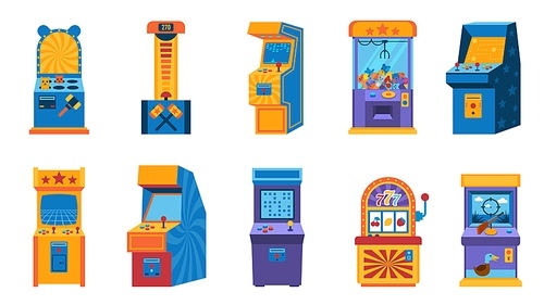 Arcade game computer. Retro gaming 80s machine, amusement and entertainment vintage devise. Vector 1990s game machines collection. Illustration of video console arcade