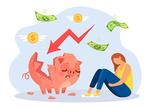 World financial crisis, finance depression and bankrupt. Vector crisis economy, money finance business, crash bankruptcy illustration