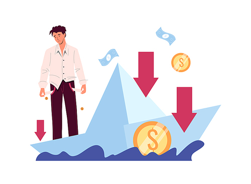 Financial crisis and economy collapse. Poor broken man having business problem. Sinking boat with money loss, company bankruptcy or debt trouble. Investment strategy failure vector