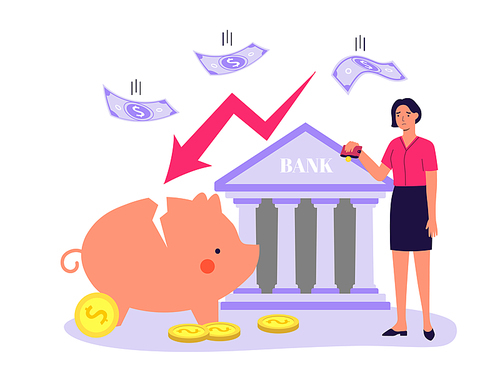 World financial crisis, decline decrease and bankrupt. Vector illustration of crisis economy, market financial bankruptcy illustration