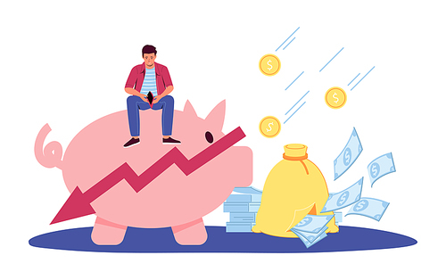 Financial crisis. Poor man sitting on piggy bank and opening empty wallet. Male character loosing money. Economic decline with falling graphs concept. Bankruptcy or debt problems vector