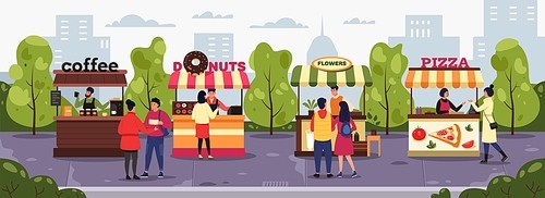 Street market. Vendors with vegetable fruit kiosk selling fresh food, people purchase natural organic products from stall cartoon style. Vector flat illustration. Women buying donuts and pizza