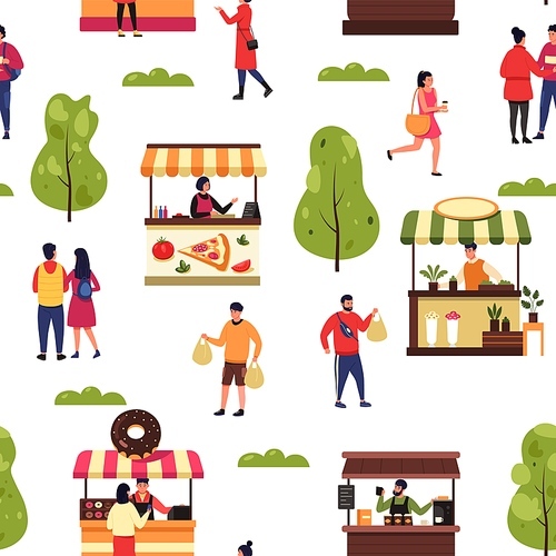 Seasonal outdoor market. Seamless pattern of street stall with vendors selling goods, food festival backdrop for wrapping textile print. Vector texture. People walking with purchases, buying donuts