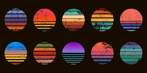 Retro 90s abstract ocean sunset circle badges. Surf beach graphic sunrise with gradient and grunge texture. Neon vintage sunset vector set. Round emblems with sea and tropical sunlight