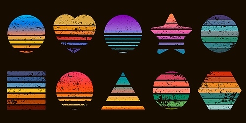 Retro striped sunset prints in heart, star and circle shapes. 80s t-shirt design with beach sunrise. Geometric sea surfing logo vector set. Tropical landscape with night and sunny sky