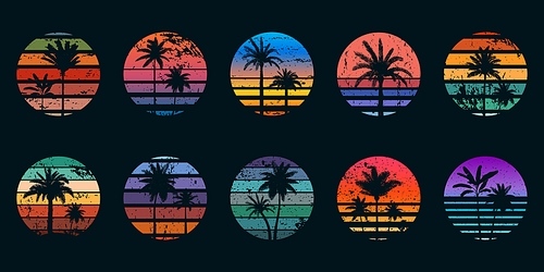 Retro 80s sunsets with palm trees silhouettes for t-shirt prints. Vintage surf design. Tropic summer sundown or sunrise gradient vector set. Ocean beach with tropical leaves and sunset