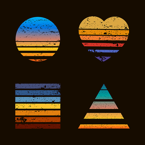 Retro striped sunset prints. Abstract 80s style colorful shapes for logo or print design. Circle, heart, square and triangle geometric elements isolated set. Tropical sunny sky vector