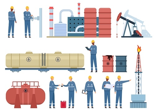 Flat oil engineer workers and gas industry buildings. Petroleum rig, refinery, fuel tanks and barrels. Oil pipeline inspection vector set. Man characters in uniform working for industrial plant