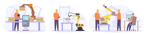 Engineers control, check and repair automated robot arms. Flat smart factory inspection. Manufacturing industry automation vector concepts. Employees checking technologies, automated process