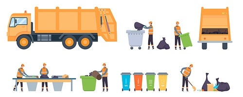 Flat garbage service workers, janitors and waste trucks. Recycling factory sorting conveyor. Recycle bin, container and trash bag vector set. Environmental protection, characters collecting rubbish