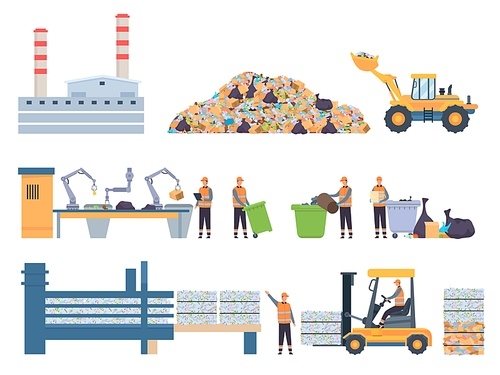 Flat garbage recycle factory building, dump and sorting conveyor. Plastic recycling industry workers. Ecology protection process vector set. Litter or rubbish reusing and recycling,
