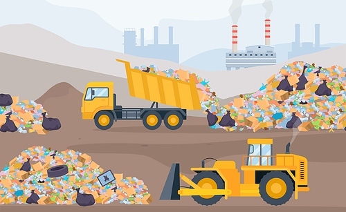 Landfill landscape with trash piles, bulldozer and garbage truck. Plastic pollution and waste recycling process. Garbage dump vector concept. Illustration of landfill garbage and trash