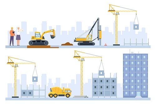 Flat houses construction process stages with building machinery. Engineers, excavator and crane build. Real estate industry vector concept. Illustration of house construction process