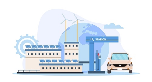 Flat hydrogen fuel factory, gas station and car. Ecologic renewable energy generation by PEM water electrolysis. Hydrogen vector concept. Illustration of fuel hydrogen industry