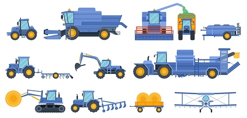 Flat agricultural machinery, farm combine, harvester and tractor. Crop duster, hay cutting machine and field cultivation vehicle vector set. Transport with special equipment for agronomy