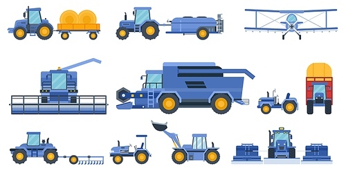 Flat farm machinery, agricultural field equipment, combines and tractors. Industrial harvester, truck, plowing and mower machine vector set. Agro business with farmland production tools