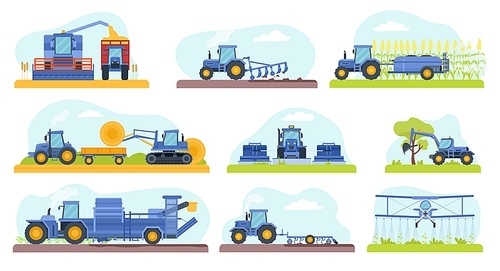 Agricultural machinery work on field, dig soil, water and harvest. Combine machines for cereal crop and corn. Flat farm equipment vector set. Spraying farmland, harvesting hay bales