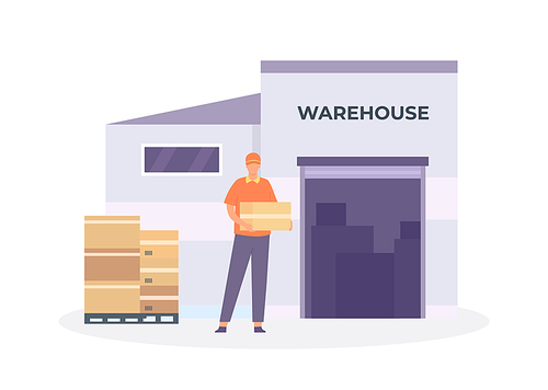 Global logistic chain. Male character carrying parcels to warehouse. Cartoon worker in uniform unloading cardboard boxes from pallet. Delivery company providing shipment process vector