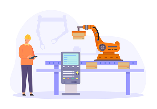People working in factory. Robotic arm picking parcels from belt. Engineer controlling factory or warehouse technology. Manufacturing industry equipment and worker vector illustration
