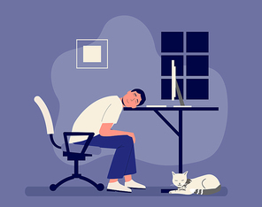 Man work late at night. Sleepy person at table working overtime. Tired male character having freelance work at home. Exhausted employee sleeping in front of computer vector illustration